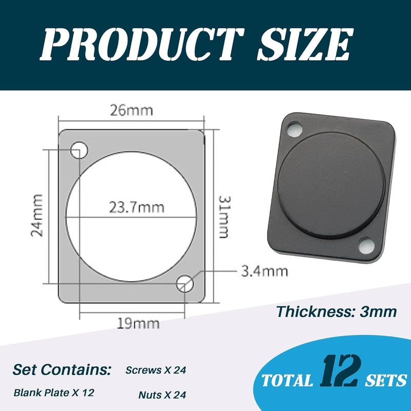 Terixe 12 Pack Panel-Mount Blank Plate - D-Series Zinc Alloy Rack Mount Plate for Chassis Connectors and XLR Connectors, With Installation Screw and Nut - Image 3